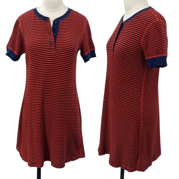 RE/DONE Striped Cotton Mini Dress Henley Button Crewneck Red Navy Blue Womens S - Picture 1 of 9